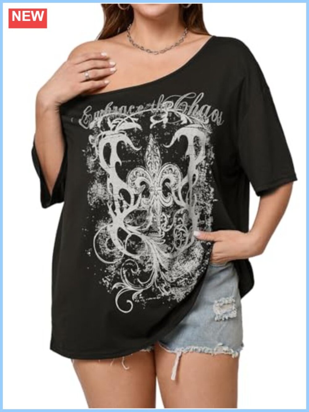 Plus Size Off Shoulder Graphic Tee Oversized Drop Shoulder Short Sleeve
